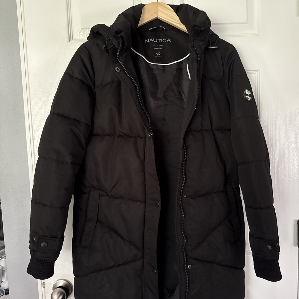 NAUTICA 1983 Long Black‎ Puffer Coat Hooded Water Resistant Zip and Snap Large